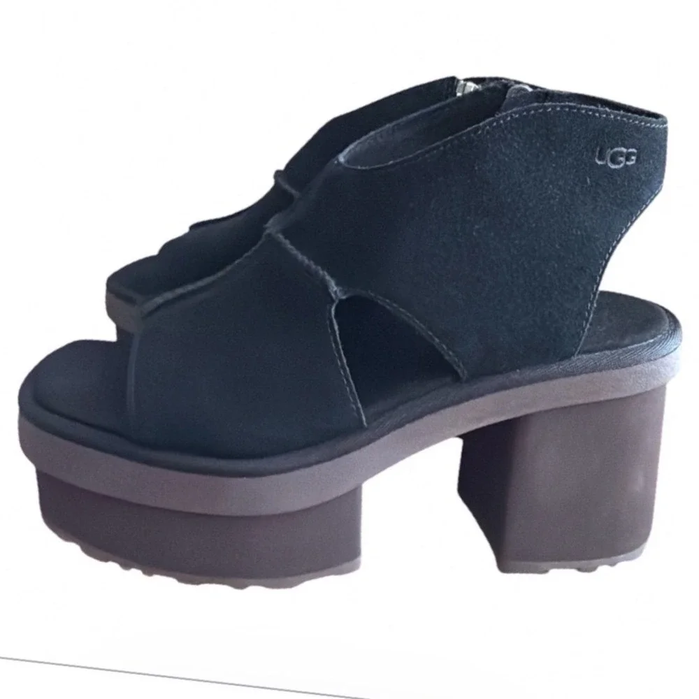 UGG Platform Sandals Womens Black Suede Chunky Block Heel Zip Up Open Toe 10 New - Picture 9 of 11